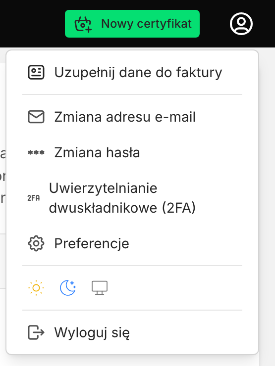 Menu konta w Panelu Klienta z opcją Uwierzytelnianie dwuskładnikowe (2FA)