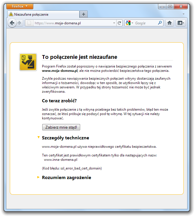 To połączenie jest niezaufane (Kod błędu: ssl_error_bad_cert_domain)