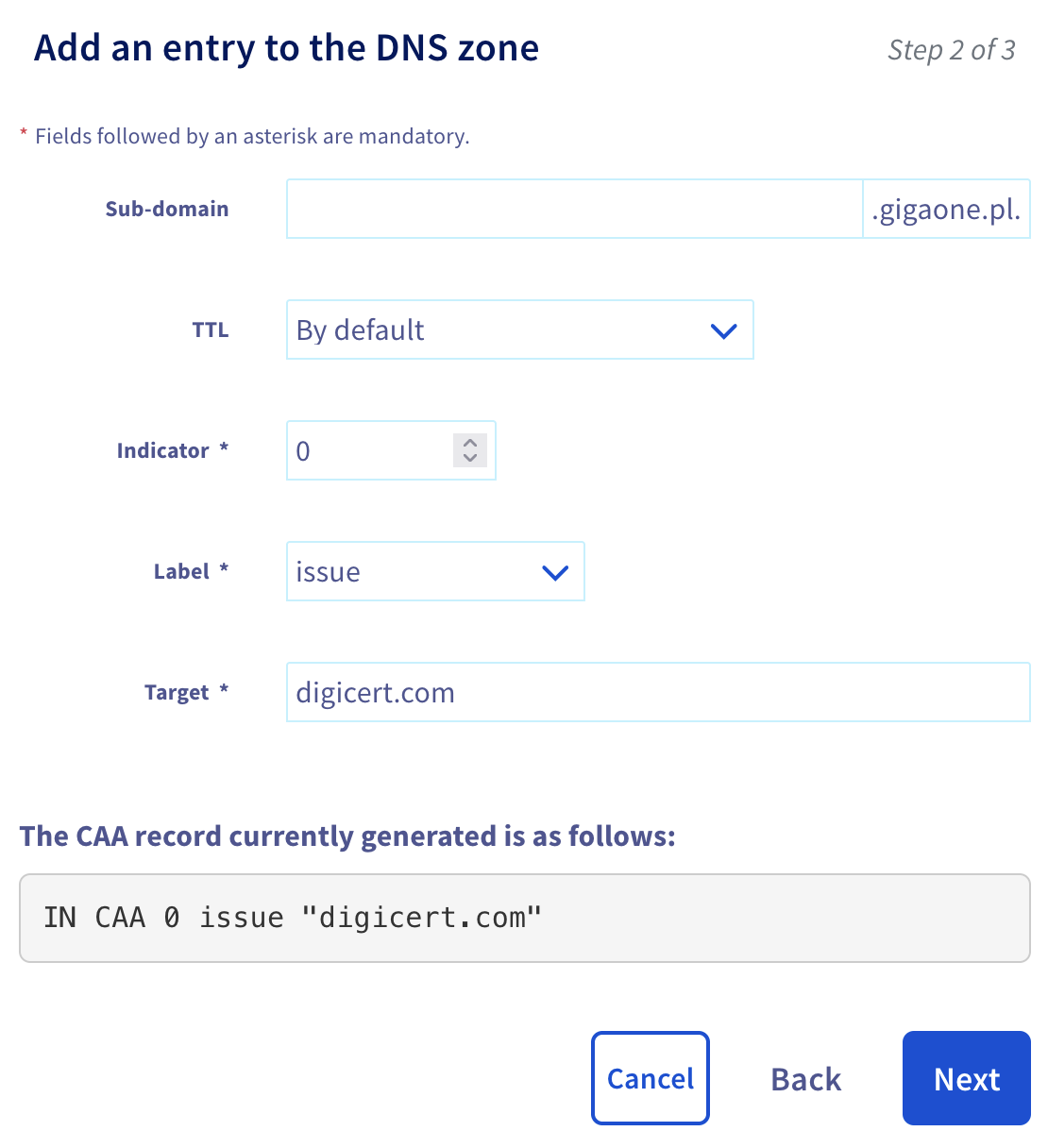 Przykładowy rekord CAA w DNS-ie Przykładowy rekord CAA w DNS-ie