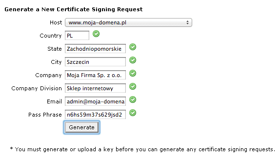 Generate a New Certificate Signing Request