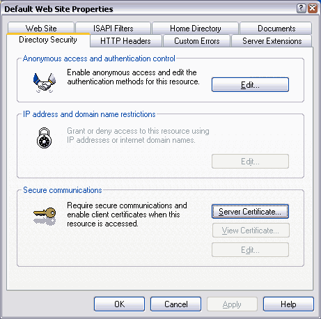 Default Web Site Properties. Directory Security. Secure communications. Require secure communications and enable client certificates when this resource is activated. Server Certificate...