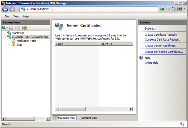 Internet Information Services (IIS) Manager / Features View / Create Certificate Request