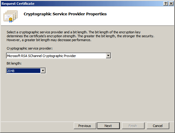 Request Certificate / Cryptographic Service Provider Properties