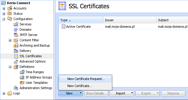 menu Kerio Connect / SSL Certificates