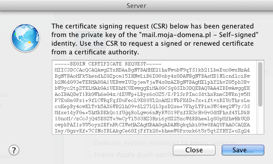 The certificate signing request (CSR) below has been generated from the private key of the [...] - Self-signed identity. Use the CSR to request a signed or renewed certificate from a certificate authority