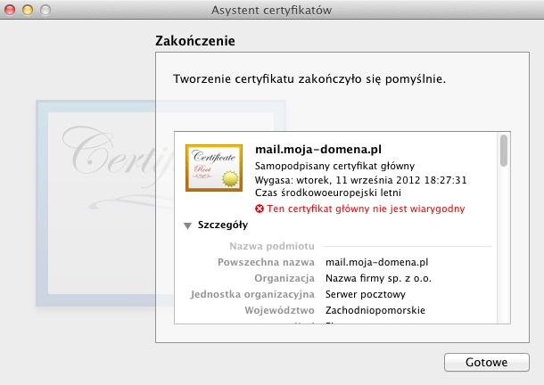 Tworzenie certyfikatu zakończyło się pomyślnie