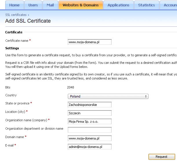 Add SSL Certificate / Certificate Name / Settings / Request