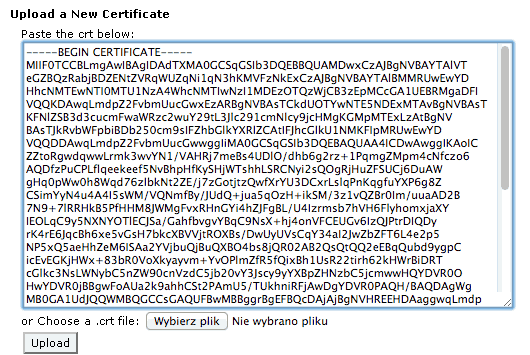 Upload a New Certificate / Paste the crt below:
