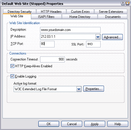 Internet Information Services (IIS) 6.0, Default Web Site (stopped) Properties, SSL Port 443