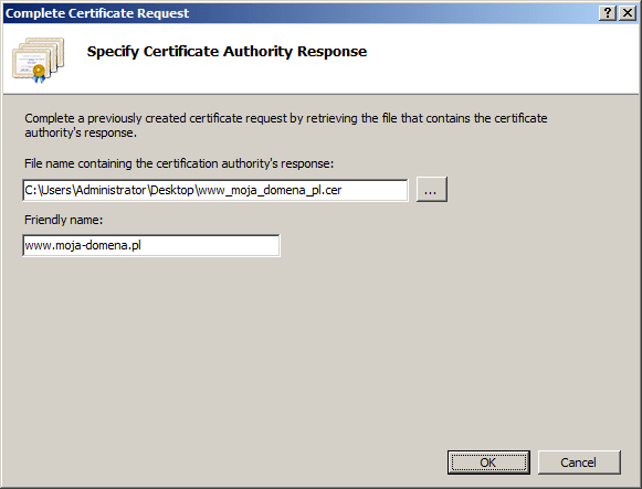 Complete Certificate Request / Specify Certificate Authority Response