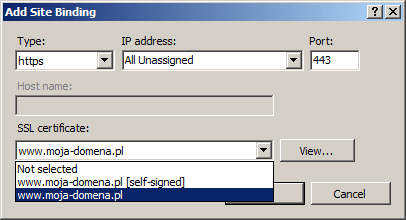 Add Site Binding / Type: https / Port: 443