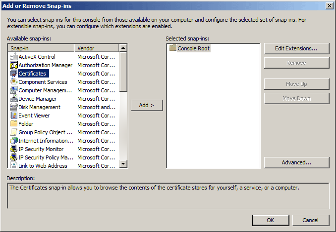 MMC / Add or Remove Snap-ins / Certificates