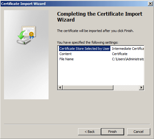 Certificate Import Wizard / Completing the Certificate Import Wizard
