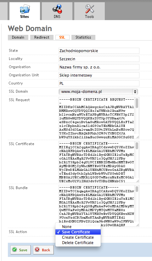 SSL Action Save Certificate