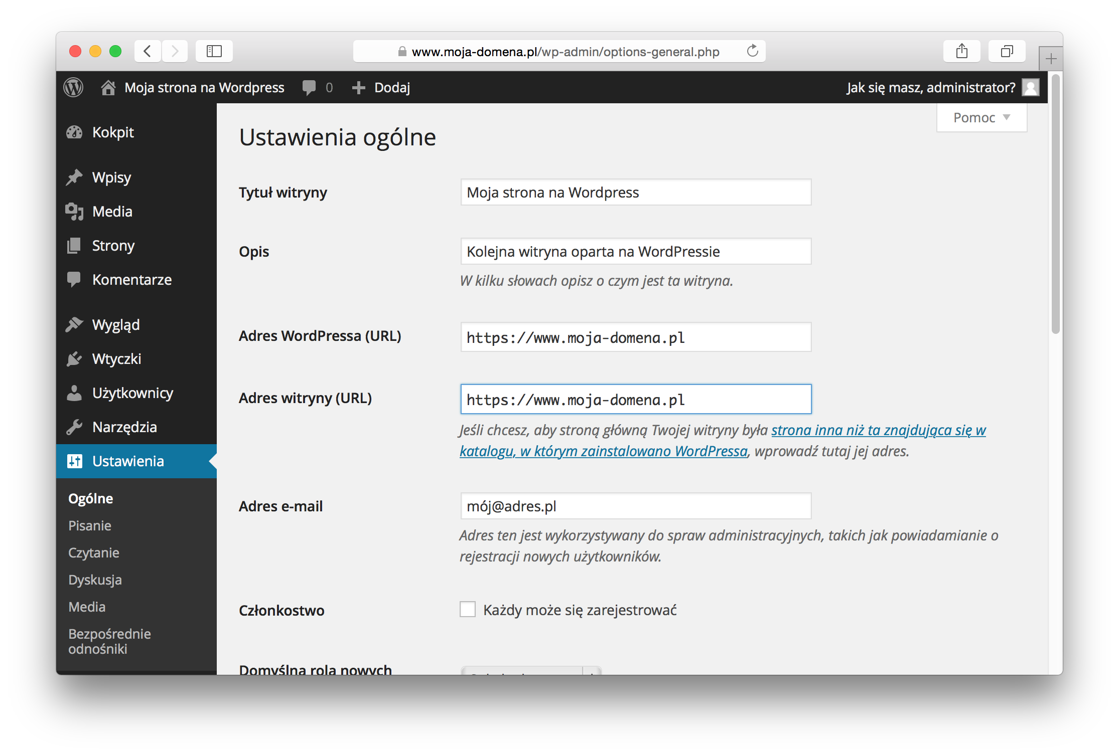 Wordpress Ustawienia Ogólne