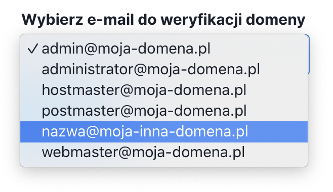 wybierz email do weryfikacji domeny